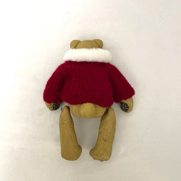 Teddy Bear Shelf Sitter Folk Art Red Sweater Green Christmas Tree - Picture 7 of 7